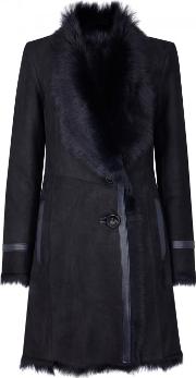 Midnight Blue Shearling Lined Suede Coat Size M
