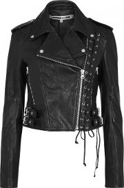 Black Lace Up Leather Biker Jacket Size 12