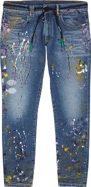 Off White Blue Paint Effect Skinny Jeans