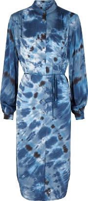 Blue Tie Dyed Brushed Satin Shirt Dress