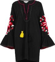 Black Embroidered Cotton Mini Dress