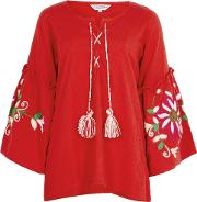 Red Embroidered Cotton Top