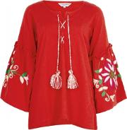 Red Embroidered Cotton Top Size M