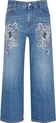 Blue Embellished Cropped Jeans
