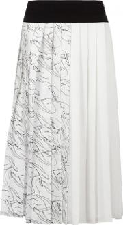 White Swan Print Pleated Midi Skirt 