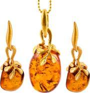 Be Jewelled Gold Plated Sterling Silver Hand Cut Pebble Amber Pendant Necklace And Earrings Gift Set