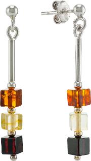 Be Jewelled Sterling Silver Tricolour Amber Cube Drop Earrings