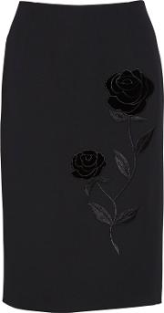 Moss Crepe Skirt With Rose Embroidery, Black