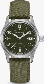 H69419363 Men's Khaki Field Officer Handwinding Date Fabric Strap Watch