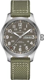 H70535081 Men's Khaki Field Automatic Day Date Fabric Strap Watch