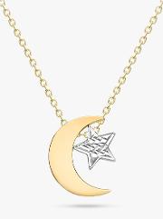 9ct Yellow And White Gold Moon And Textured Star Pendant Necklace