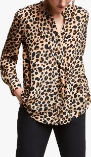 Leopard Print Ruffle Front Silk Shirt