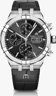 Ai6038 Ss001 330 1 Men's Aikon Automatic Chronograph Day Date Leather Strap Watch