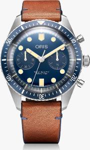 01 771 7744 4095 Men's Divers Sixty Five Bucherer Blue Edition Automatic Chronograph Leather Strap Watch
