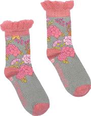 Short Oriental Flower Ankle Socks, Greypink