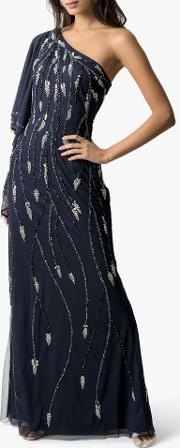 Jamie Embroidered Asymmetric Sleeve Gown