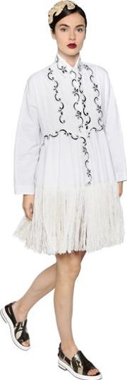 Fringed Embroidered Cotton Poplin Dress 