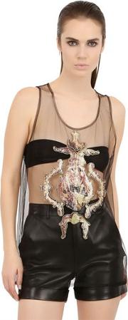 Sequined Angel Patches On Tulle Tank Top 