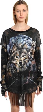 Lace Up Wolf Print Cotton Jersey T Shirt 