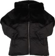 Hooded Faux Fur & Nylon Puffer Jacket 
