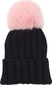 Wool Knit Beanie Hat W Fur Pompom 