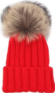 Wool Knit Beanie Hat W Fur Pompom 