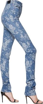 Floral Jacquard Long Cotton Denim Jeans 