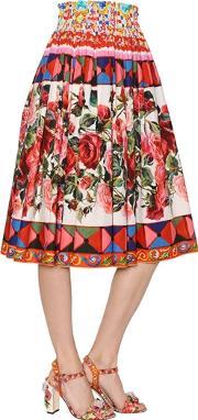 Floral Printed Cotton Poplin Midi Skirt 