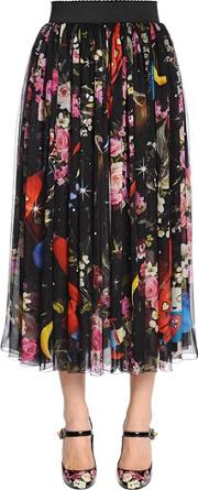 Flowers & Space Print Chiffon Midi Skirt 