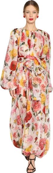 Rose Print Pleated Silk Chiffon Jumpsuit 