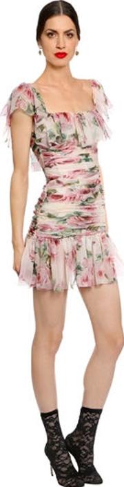 Roses Ruched Silk Chiffon Mini Dress 