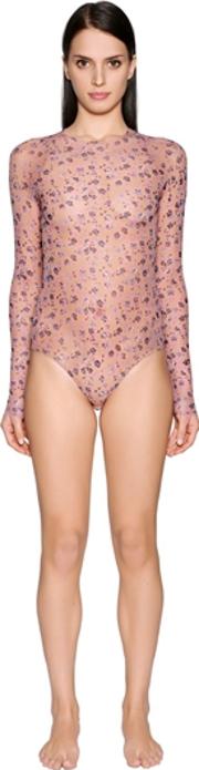 Floral Printed Tulle Stretch Bodysuit 