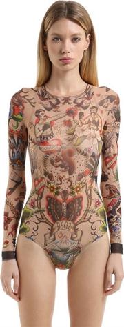 Tattoo Printed Tulle Stretch Bodysuit 
