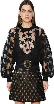 Stars Embroidered Sheer Tulle Top 