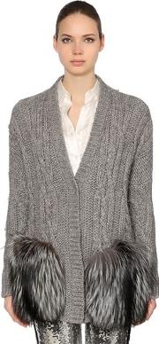 Wool Blend Cable Knit Cardigan W Fur 