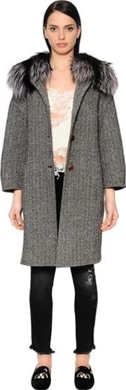 Wool Herringbone Coat W Fox Fur Collar 