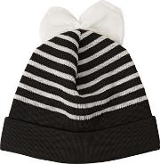 Striped Cotton Blend Beanie Hat With Bow 