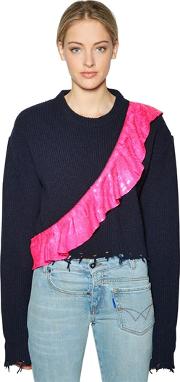 Sequined Ruffle Cropped Wool Sweater 