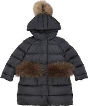 Hooded Nylon Down Coat W Fur Details 