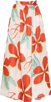 Floral Printed Silk Raffia Maxi Skirt 