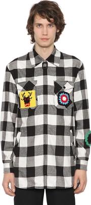 Zip Up Flannel Shirt W Crochet Patches 