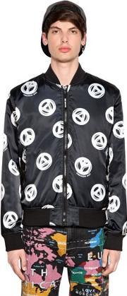 peace sign printed satin bomber jacket