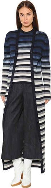 Striped Cotton Rib Knit Long Cardigan 