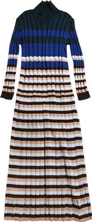 Pleated Striped Wool Knit Long Dress 