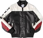Color Block Leather Bomber Jacket 
