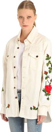 Roses Embroidered Cotton Denim Shirt 