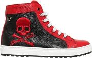 Skull Textured Leather High Top Sneakers 