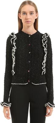 Ruffled Tweed Yarn Cable Knit Cardigan 