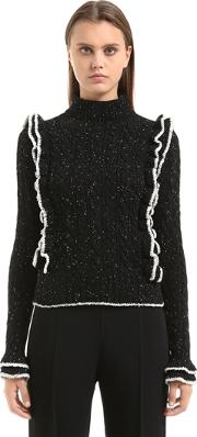 Ruffled Tweed Yarn Cable Knit Sweater 