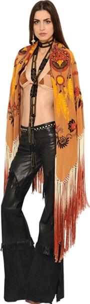 Embroidered Fringed Crepe De Chine Shawl 